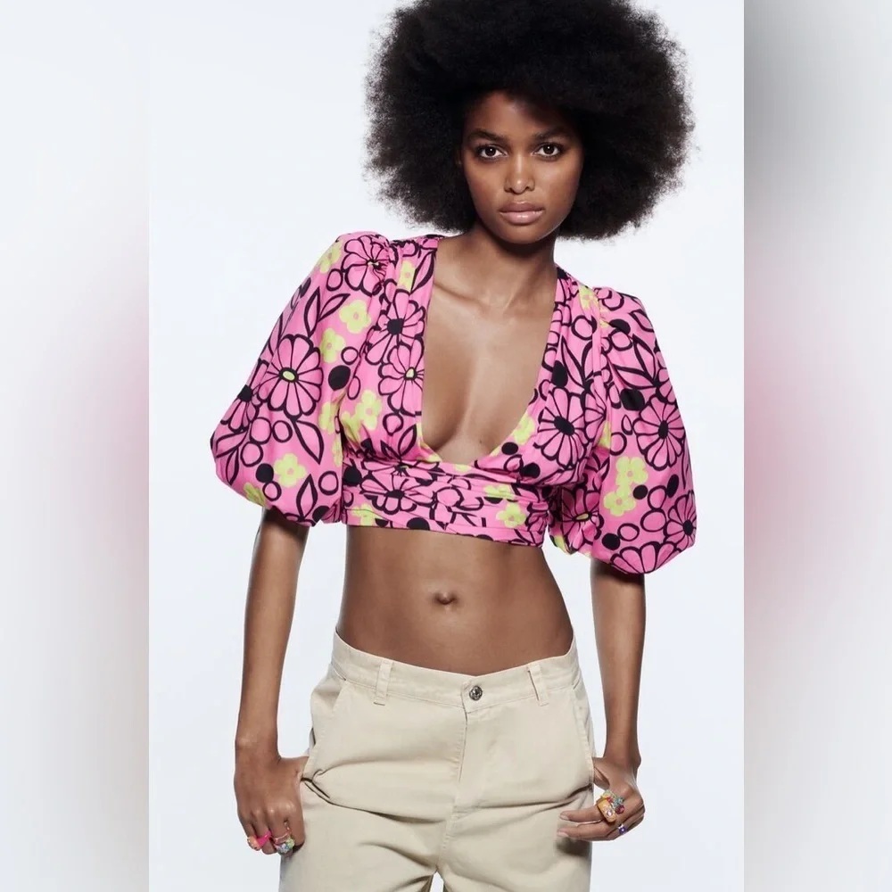 🎀ZARA NWOT puff shoulder floral crop blouse xs - Picture 2 of 13